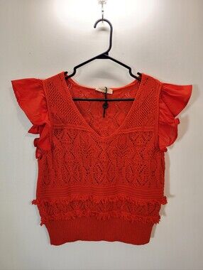 Twin-Set Red Cotton Blend Crochet Top V neck, Flounce Sleeves Knit Top - Size Xl